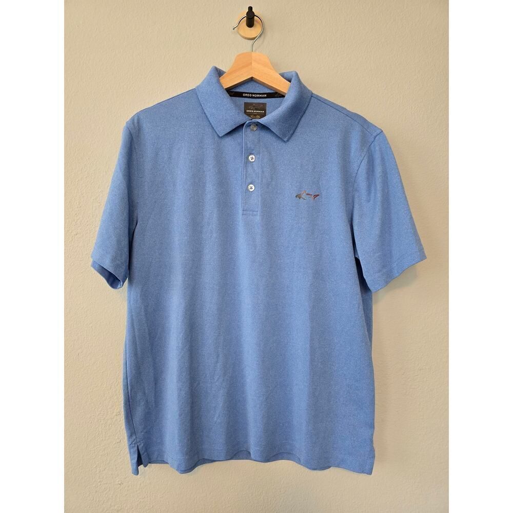 Greg Norman for Tasso Elba Golf Polo Shirt S Play Dry Blue Shark Logo Athleisure